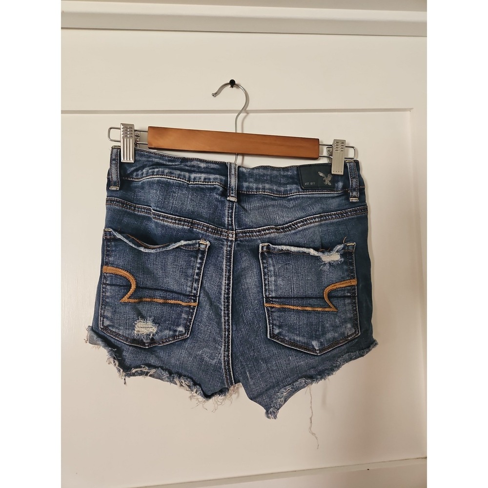 American Eagle Super Stretch Denim Shorts Womens Size 4 Hi-Rise Distressed Blue - Picture 12 of 12